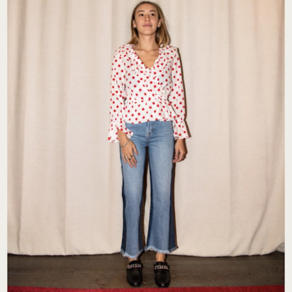 RIXO Blouse Top Polka Dot Ruffle Wrap V Neck Red White Bell Sleeve Small Summer